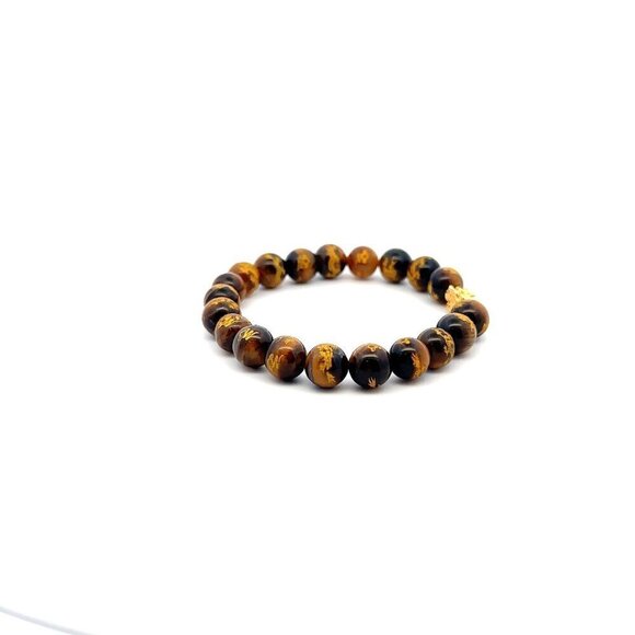 18K Gold Piyao Pixiu Dragon Bracelet Gemstones Tiger's Eye Carved 8mm - Picture 4 of 5
